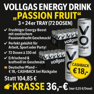 Vollgas Energy Drink „Passion Fruit“ – 3 × 24er Tray (72 Dosen)
