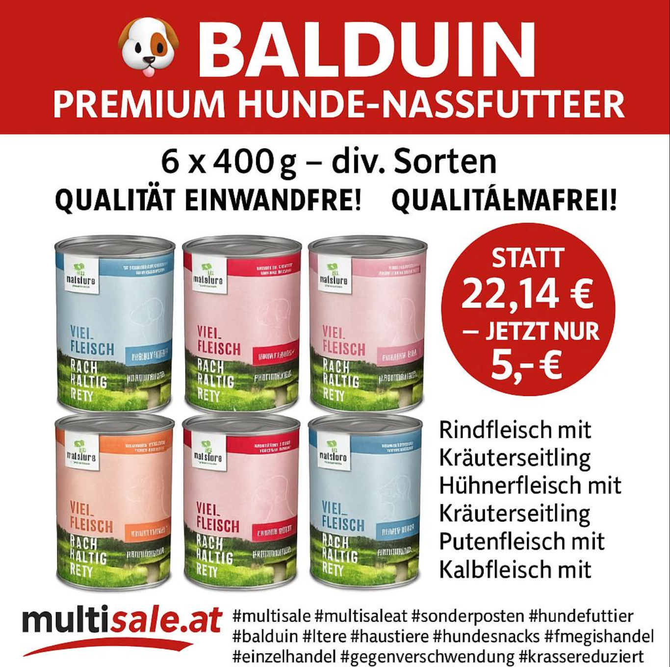 Balduin Premium Hunde-Nassfutter 6 x 400g, 4 Sorten MHD 06/2025