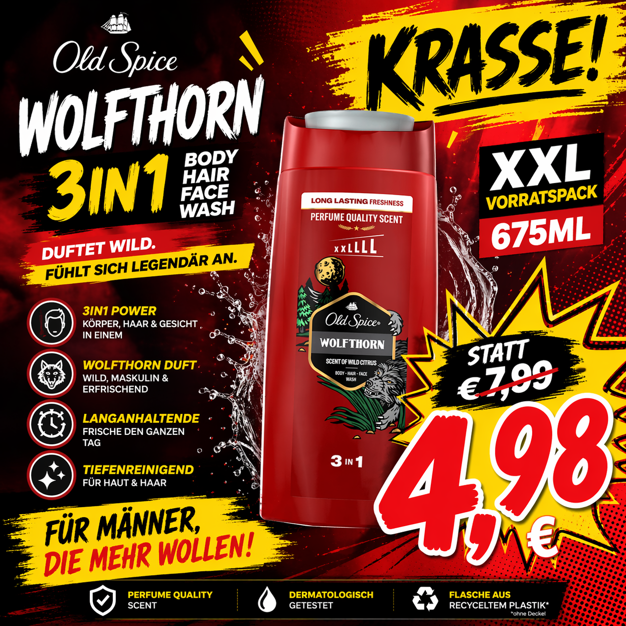 Old Spice Wolfthorn 3in1 Duschgel XXL – 675 ml | Körper, Haar & Gesicht | Wild Citrus Duft