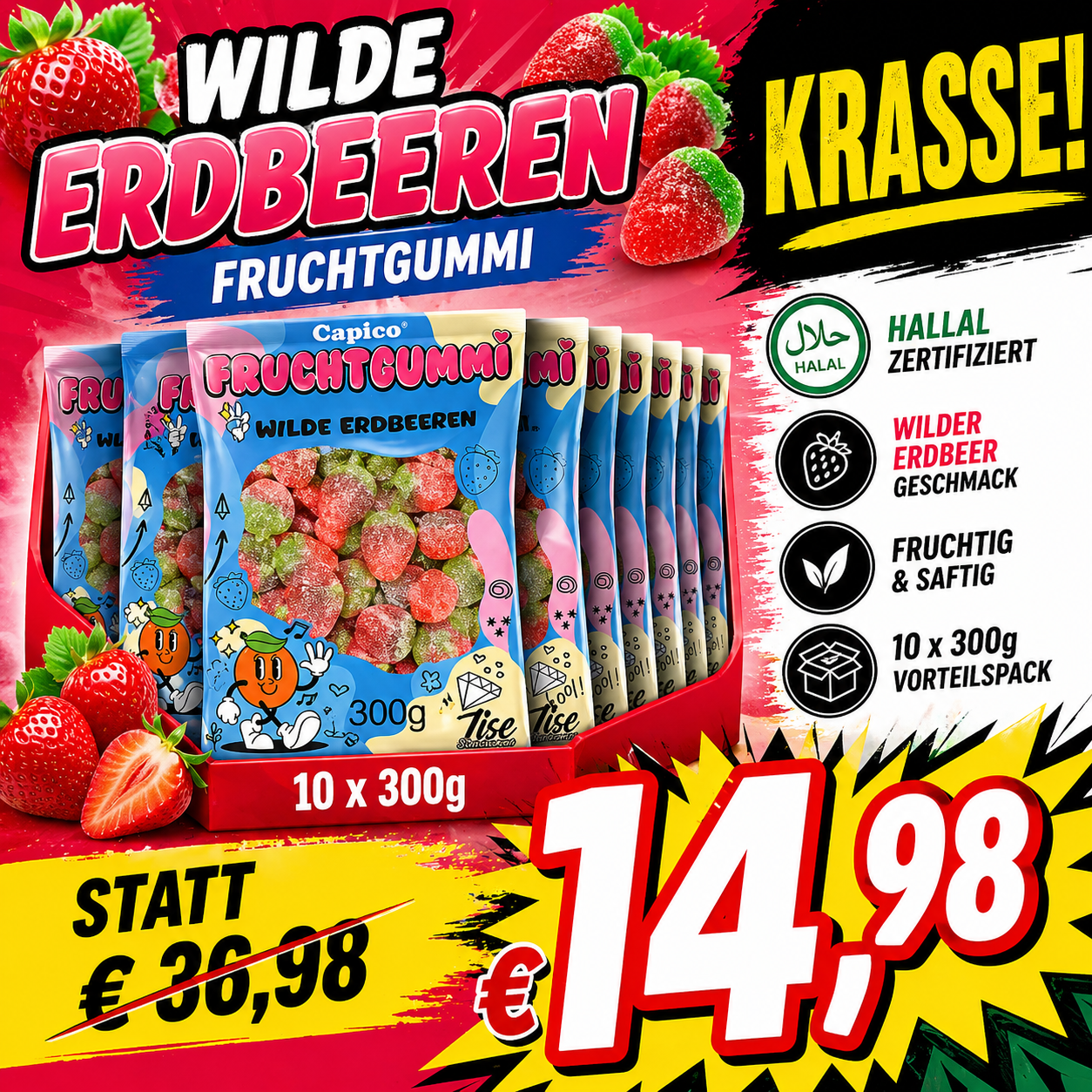 Capico Fruchtgummi „Wilde Erdbeeren“ 10 x 300g Vorteilspack (Halal) - MHD Chargen 01-04.2026