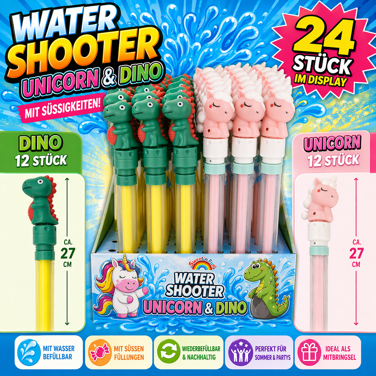 Water Shooter Unicorn & Dino mit Süßigkeiten – 24er Display – Bild 2