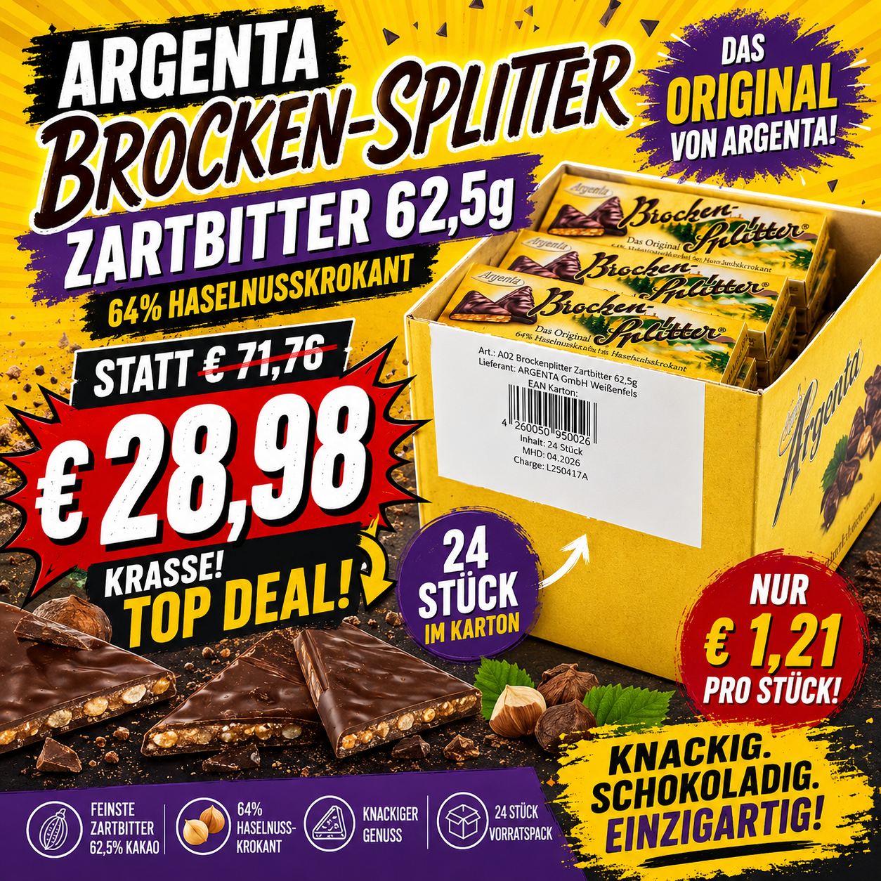 Argenta Brocken-Splitter Zartbitter 24 x 62,5g – Das Original - MHD Chargen 04-08.2026
