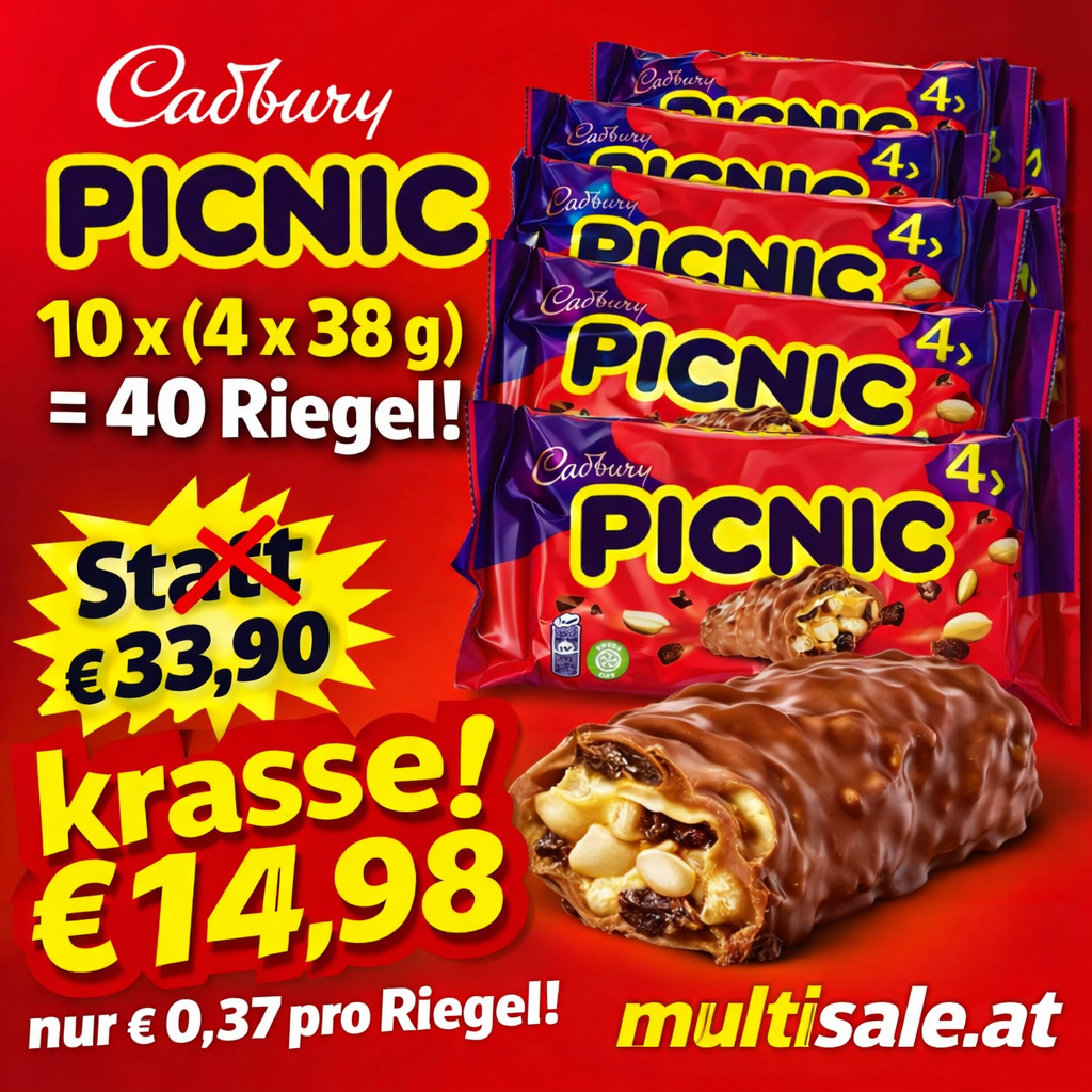Cadbury Picnic Schokoriegel 10 x (4 x 38g) – 40 Riegel Multipack - MHD Chargen 04/05/06.2026