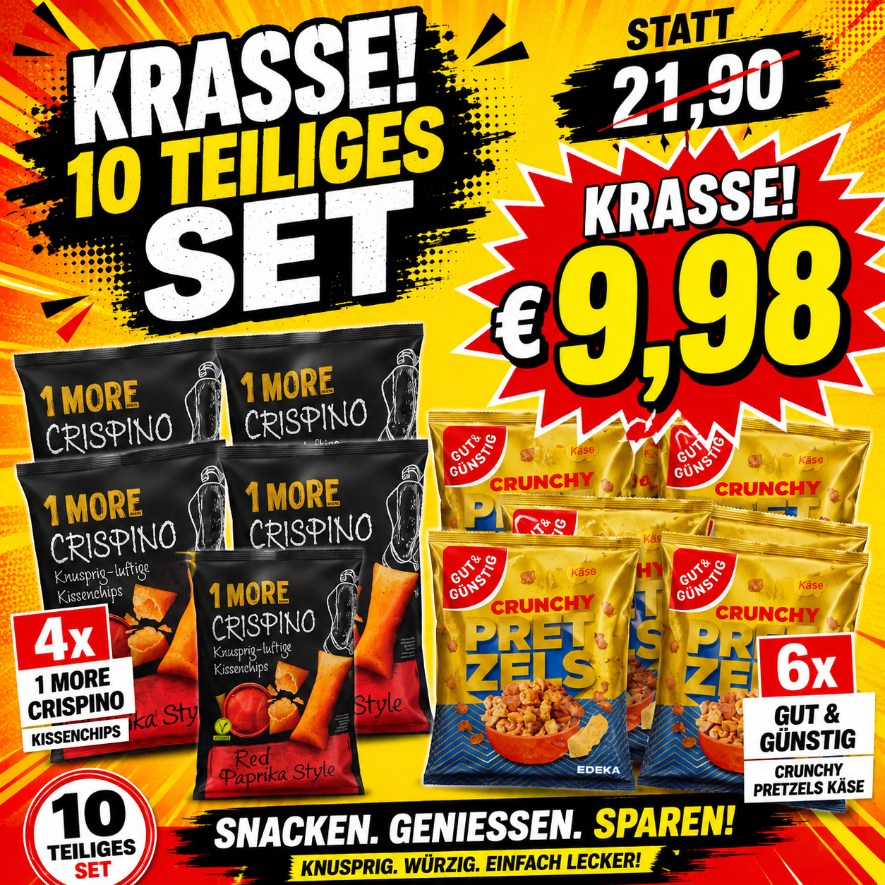 1 MORE Crispino & GUT & GÜNSTIG Crunchy Pretzels – 10-teiliges Snack Set - MHD Chargen 04-07.2026